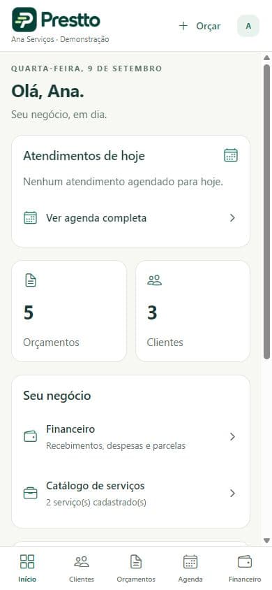 Tela inicial real do Prestto com o resumo do negócio fictício Ana Serviços — Demonstração