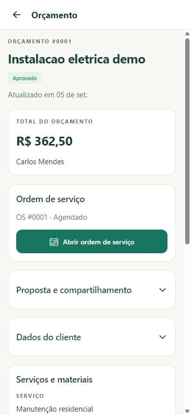 Tela real de um orçamento aprovado na conta fictícia de demonstração do Prestto